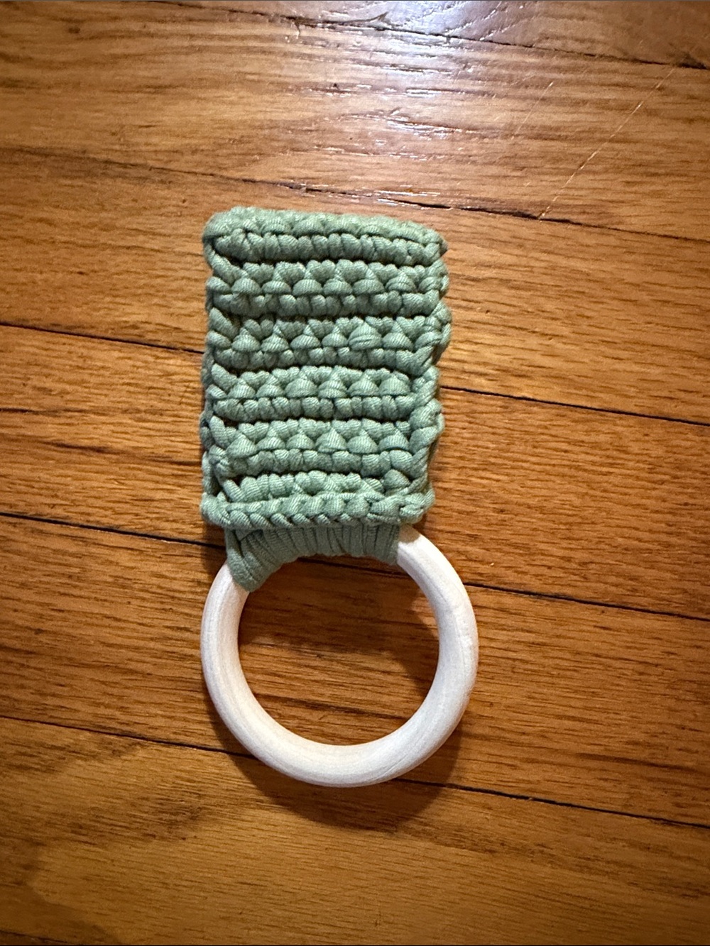 Sage Green Crochet Kitchen Towel Holder w/Wooden Ring